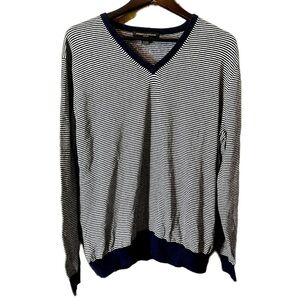 Stewart of Scotland Men’s Navy Grey Stripes Cotton Cashmere V-Neck Sweater XXL